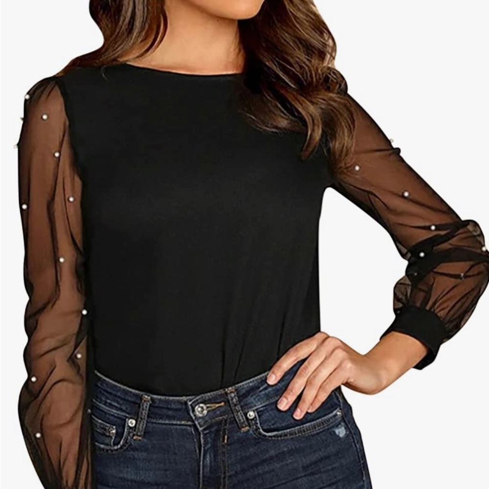 SHEIN Sheer Pearl Mesh Long Sleeve Pullover Fashion Solid Casual Blouse XSmall